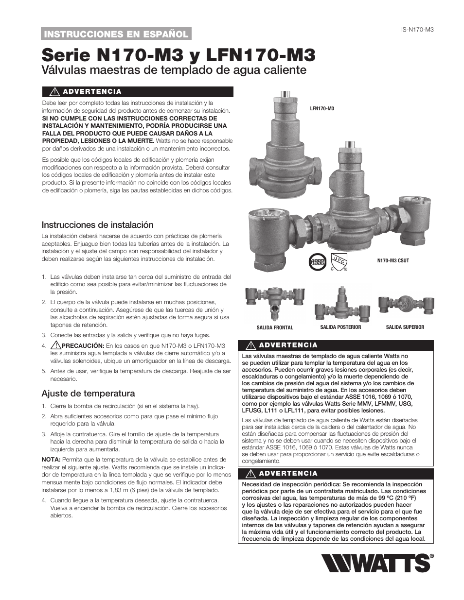 Válvulas maestras de templado de agua caliente, Instrucciones de instalación, Ajuste de temperatura | Instrucciones en español | Watts LFN170 CSUT User Manual | Page 5 / 12