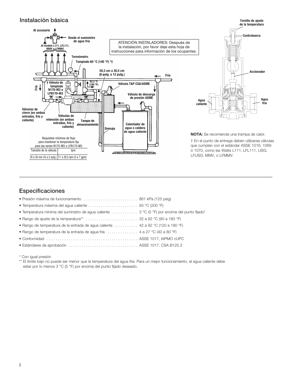 Especificaciones, Instalación básica | Watts LFN170 CSUT User Manual | Page 6 / 12