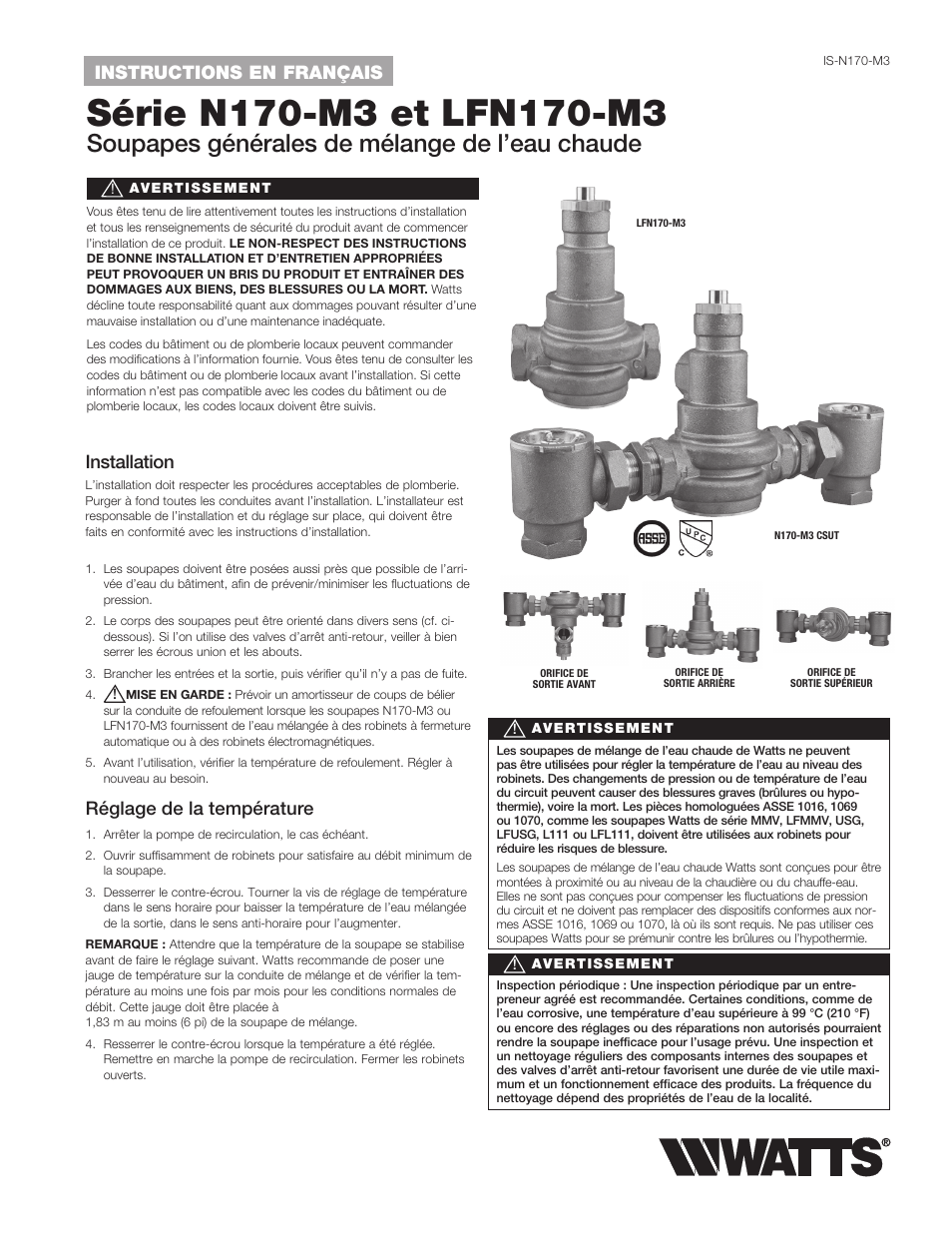 Soupapes générales de mélange de l’eau chaude, Installation, Réglage de la température | Instructions en français | Watts LFN170 CSUT User Manual | Page 9 / 12