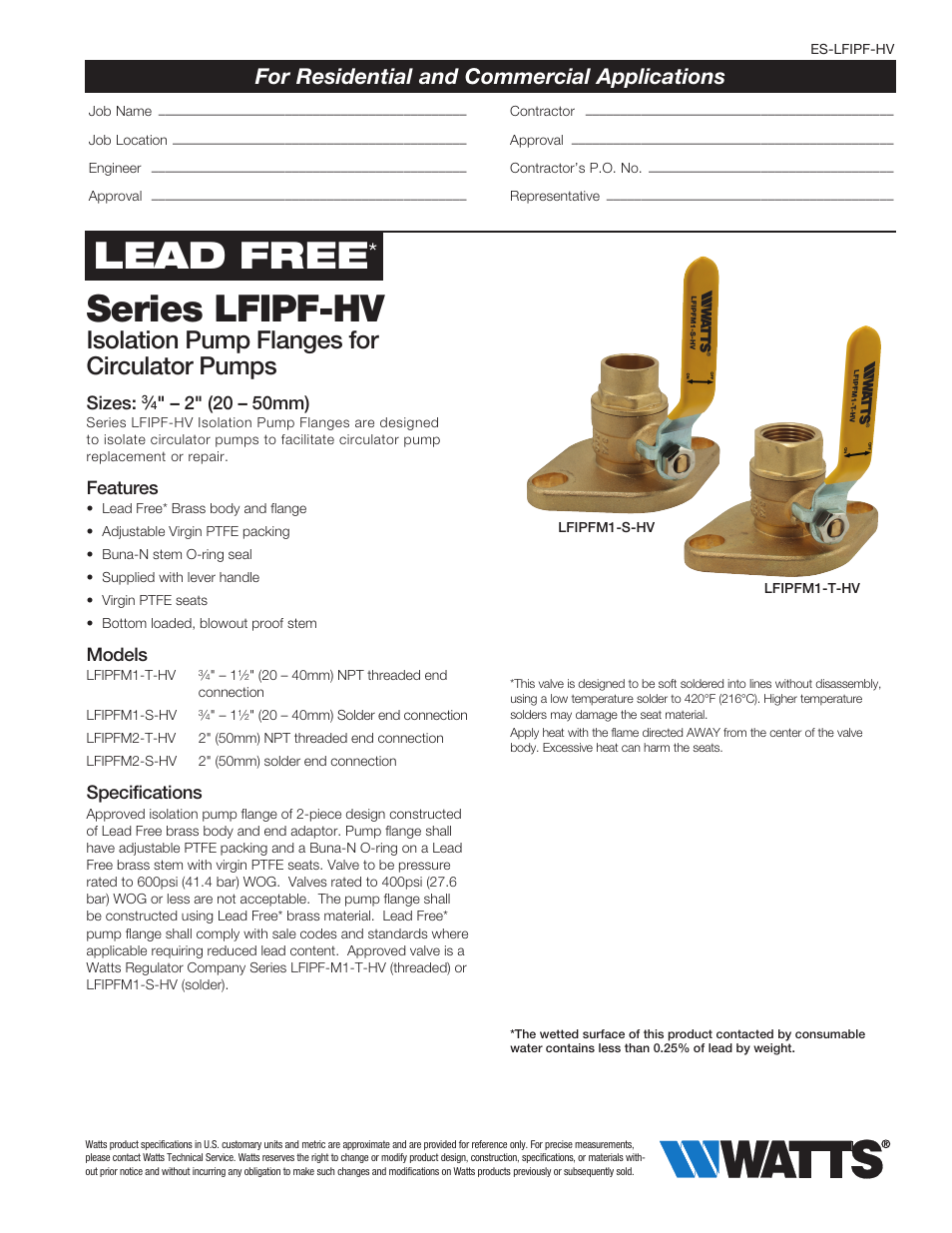 Watts LFIPF-HV User Manual | 2 pages