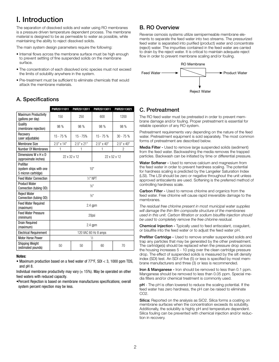 I. introduction, C. pretreatment, A. specifications | B. ro overview | Watts PWR2511 User Manual | Page 2 / 8