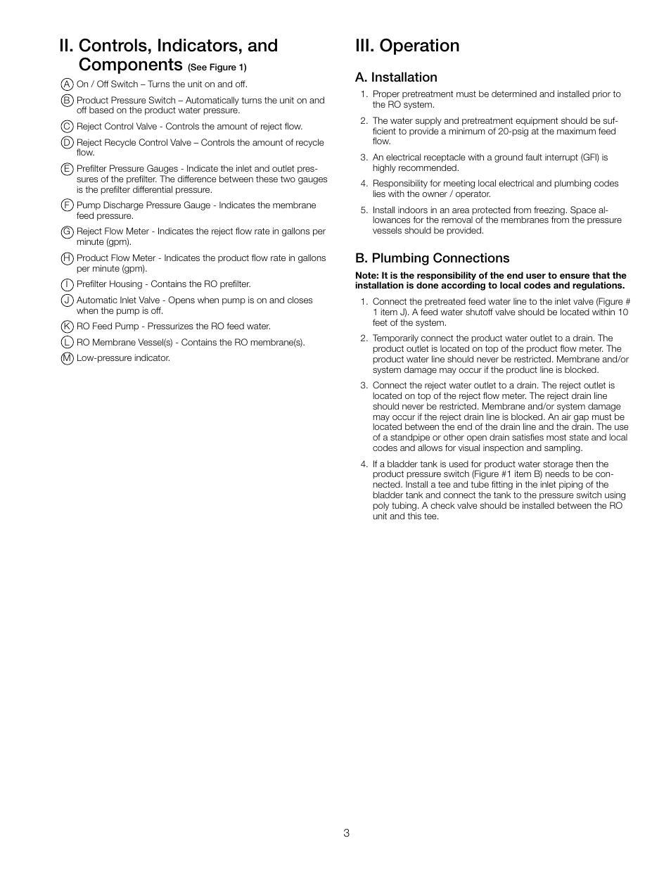 Ii. controls, indicators, and components, Iii. operation, A. installation | B. plumbing connections | Watts PWR2511 User Manual | Page 3 / 8