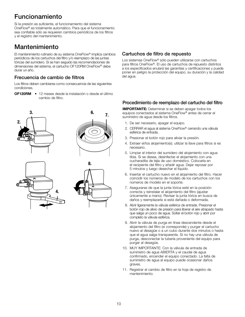 Mantenimiento, Funcionamiento, Procedimiento de reemplazo del cartucho del filtro | Frecuencia de cambio de filtros, Cartuchos de filtro de repuesto | Watts OF120-2 User Manual | Page 10 / 20