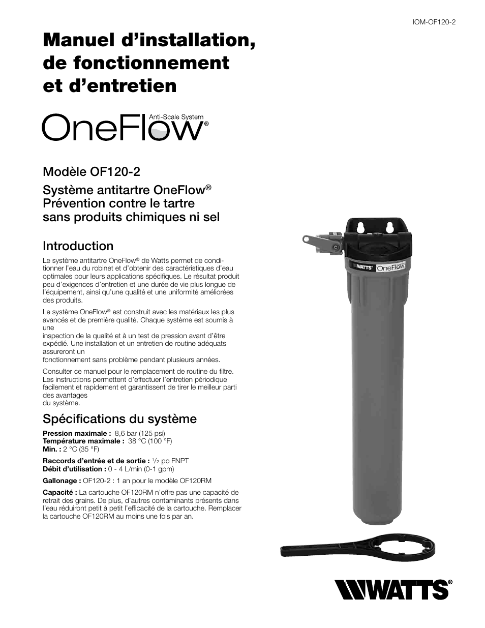 Modèle of120-2 système antitartre oneflow, Spécifications du système | Watts OF120-2 User Manual | Page 13 / 20