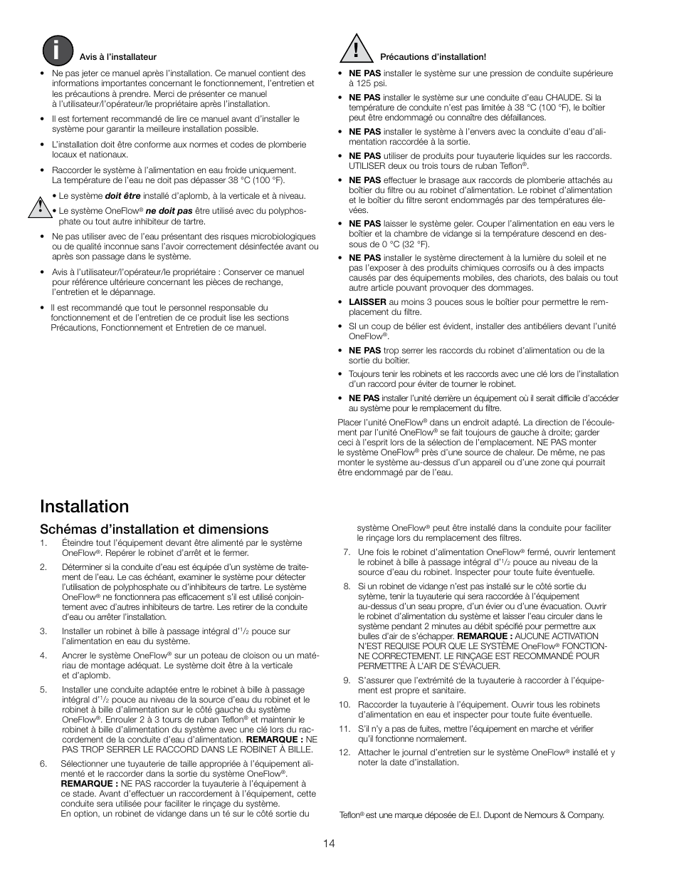 Installation, Schémas d’installation et dimensions | Watts OF120-2 User Manual | Page 14 / 20