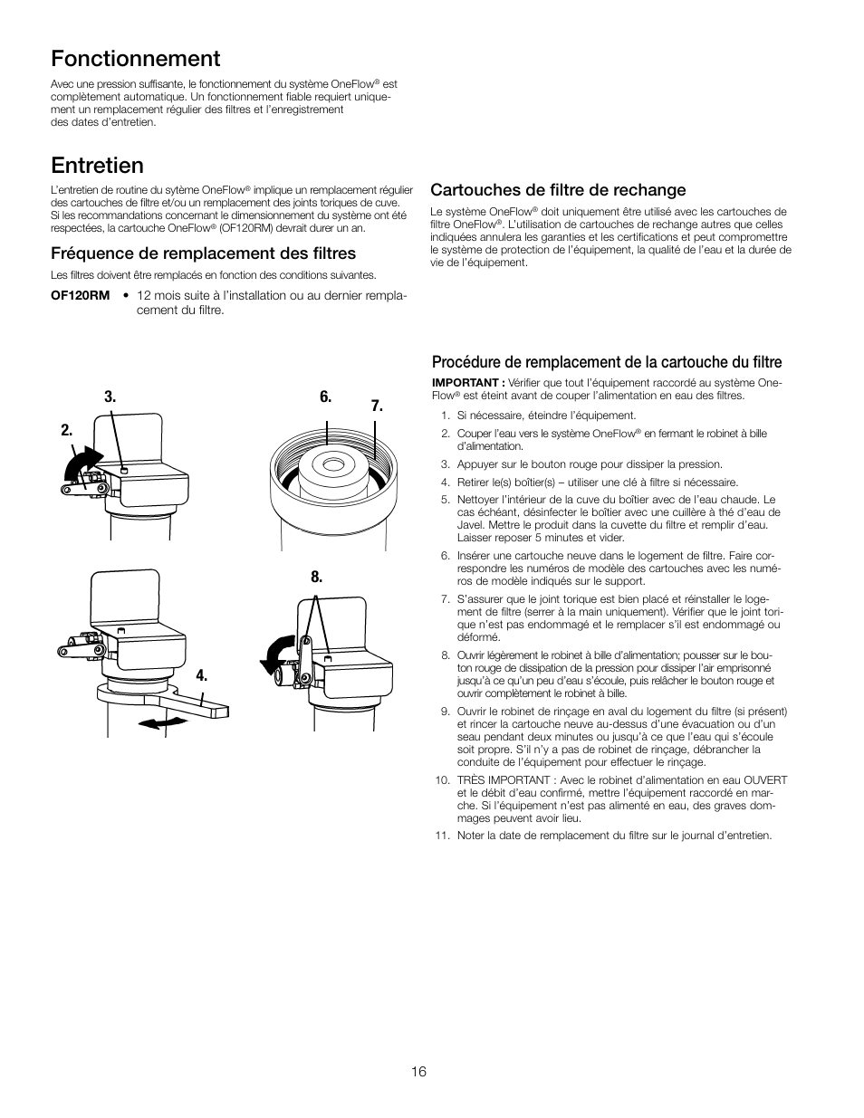 Entretien, Fonctionnement, Fréquence de remplacement des filtres | Cartouches de filtre de rechange | Watts OF120-2 User Manual | Page 16 / 20
