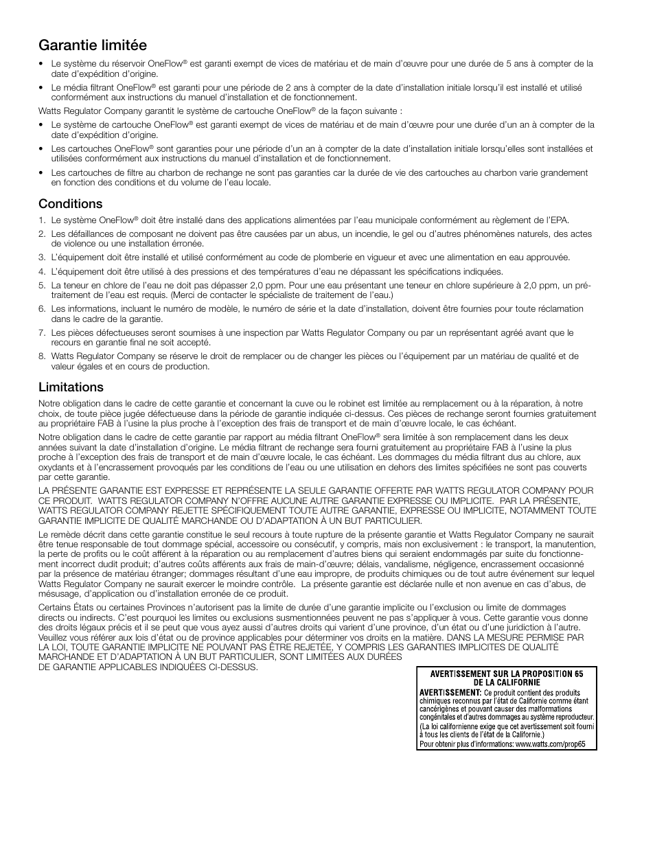 Garantie limitée, Conditions, Limitations | Watts OF120-2 User Manual | Page 18 / 20