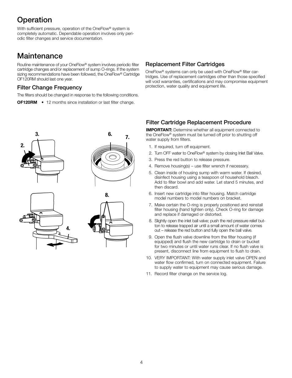 Maintenance, Operation, Filter cartridge replacement procedure | Filter change frequency, Replacement filter cartridges | Watts OF120-2 User Manual | Page 4 / 20