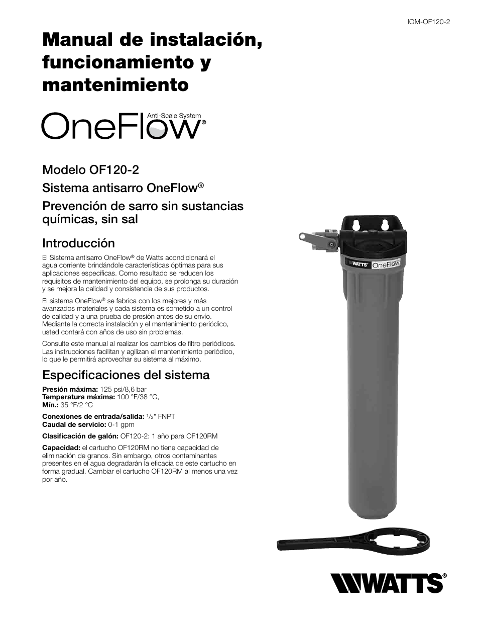 Modelo of120-2 sistema antisarro oneflow, Especificaciones del sistema | Watts OF120-2 User Manual | Page 7 / 20
