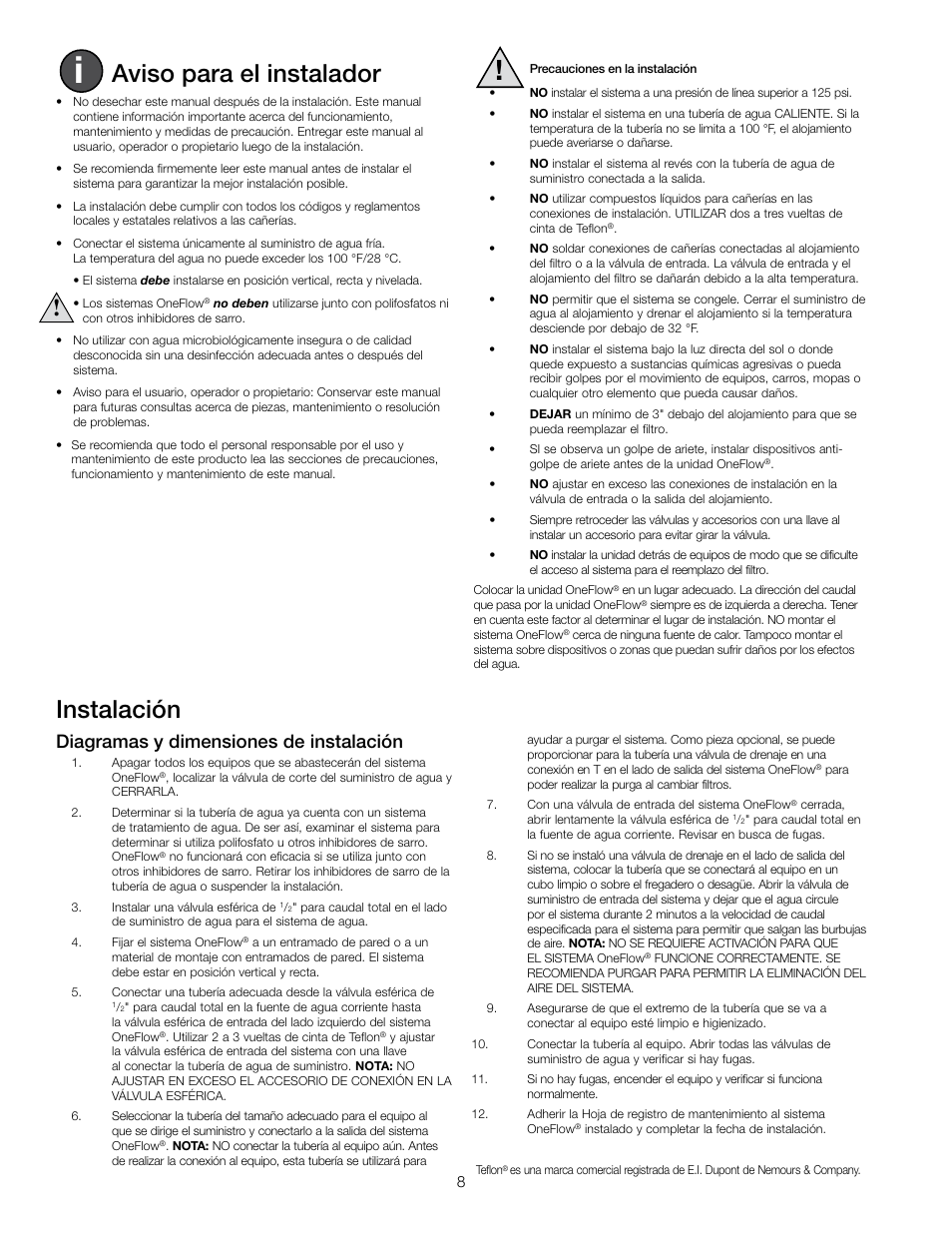 Aviso para el instalador, Instalación, Diagramas y dimensiones de instalación | Watts OF120-2 User Manual | Page 8 / 20