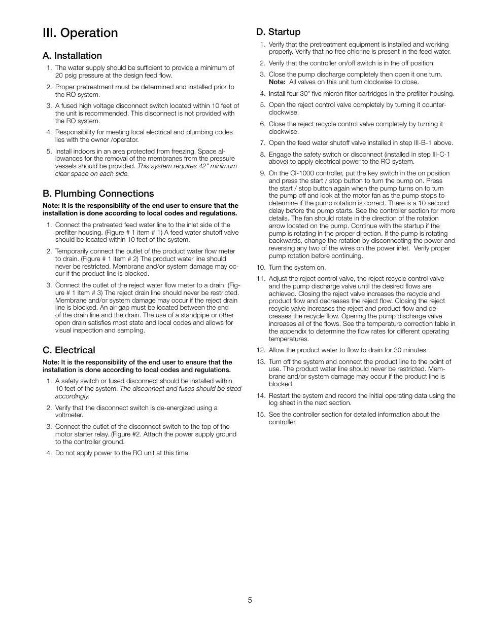 Iii. operation, A. installation, B. plumbing connections | C. electrical, D. startup | Watts PWR4024 User Manual | Page 5 / 16