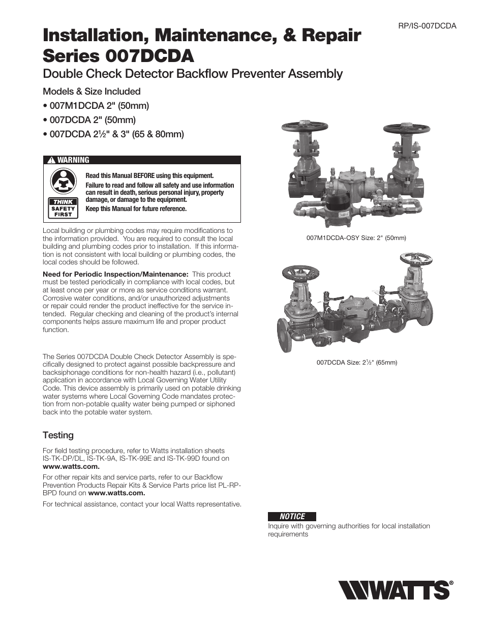 Watts 007DCDA User Manual | 4 pages