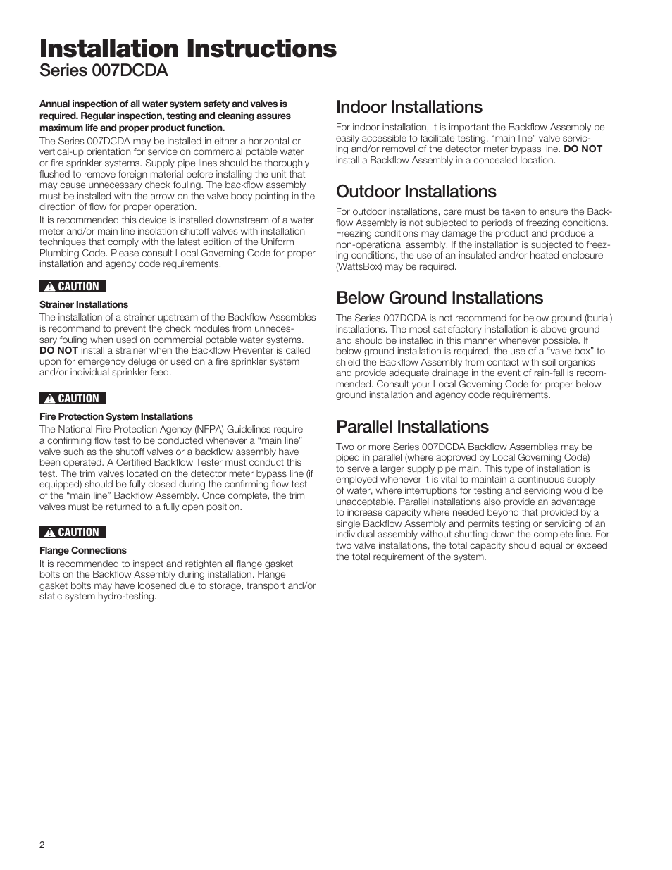 Installation instructions, Series 007dcda, Indoor installations | Outdoor installations, Below ground installations, Parallel installations | Watts 007DCDA User Manual | Page 2 / 4