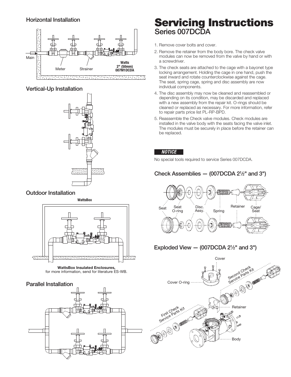 Servicing instructions, Series 007dcda, Outdoor installation | Check assemblies — (007dcda 2, And 3") | Watts 007DCDA User Manual | Page 3 / 4