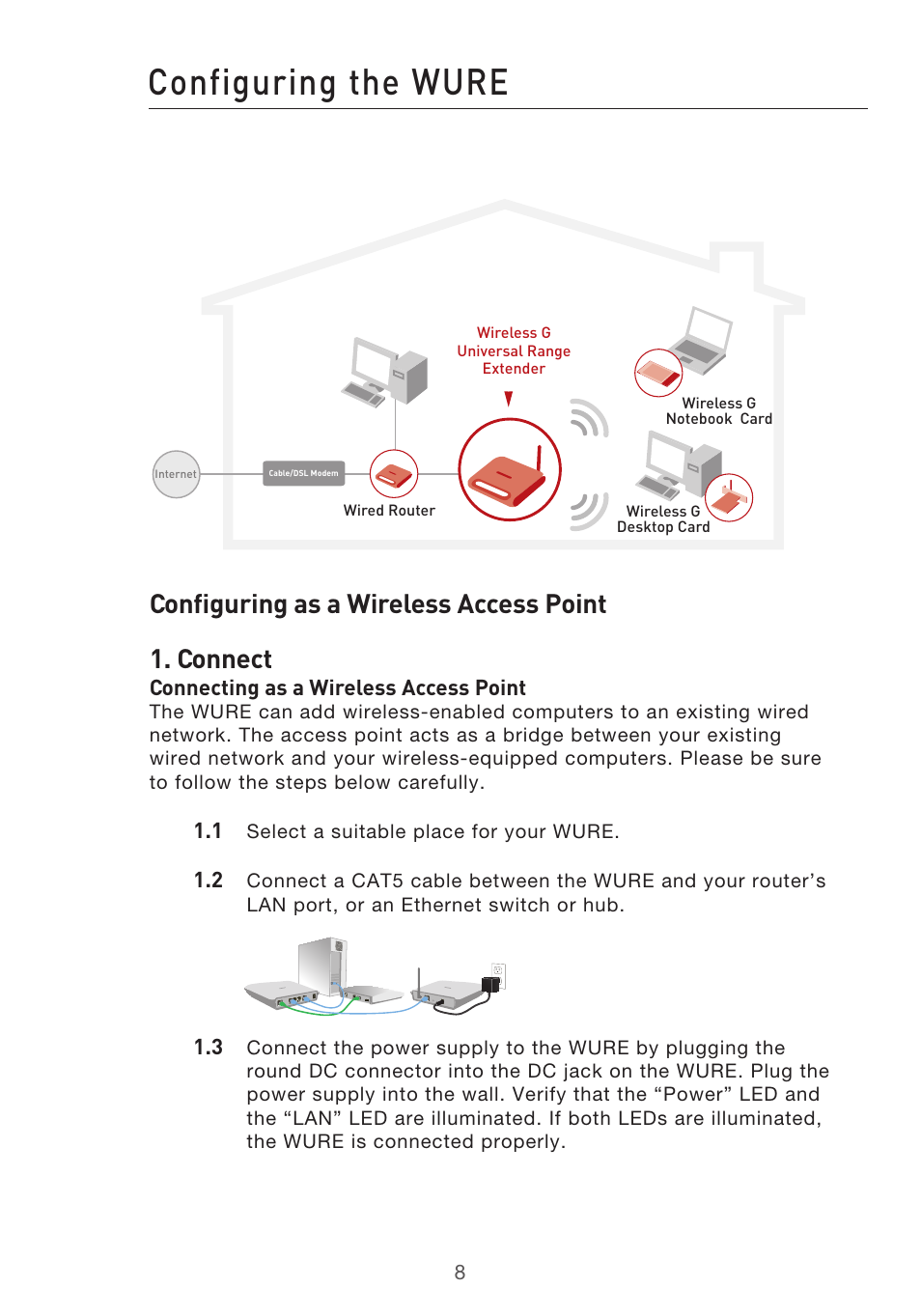 Configuring the wure, Configuring as a wireless access point 1. connect, Connecting as a wireless access point | Belkin Range Extender/ Access Point User Manual | Page 11 / 57