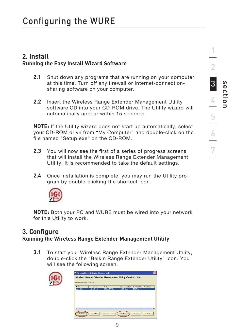 Configuring the wure, Se ct io n | Belkin Range Extender/ Access Point User Manual | Page 12 / 57