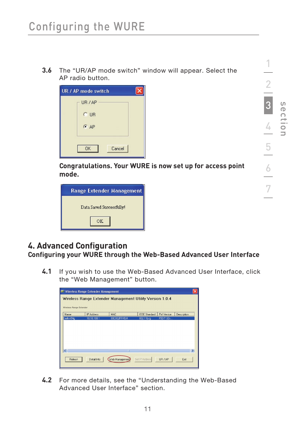 Configuring the wure, Se ct io n | Belkin Range Extender/ Access Point User Manual | Page 14 / 57