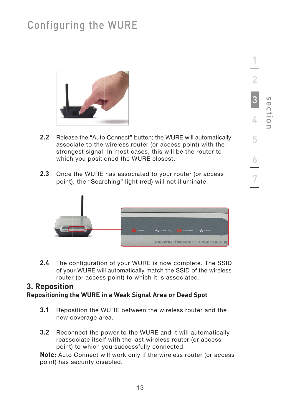 Configuring the wure, Se ct io n | Belkin Range Extender/ Access Point User Manual | Page 16 / 57