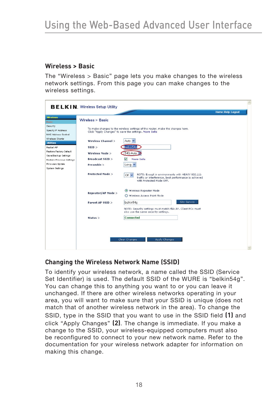 Using the web-based advanced user interface | Belkin Range Extender/ Access Point User Manual | Page 21 / 57