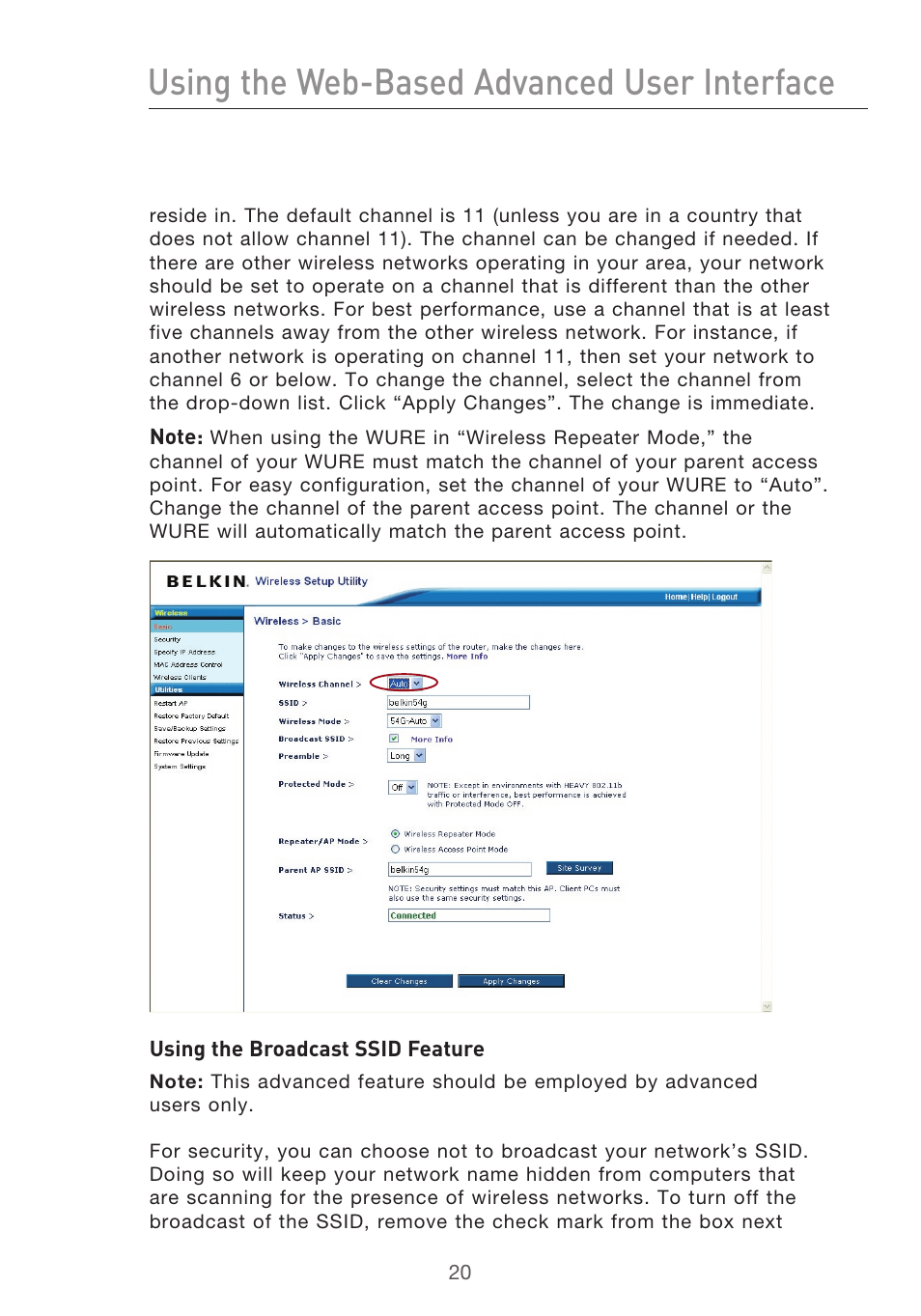Using the web-based advanced user interface | Belkin Range Extender/ Access Point User Manual | Page 23 / 57