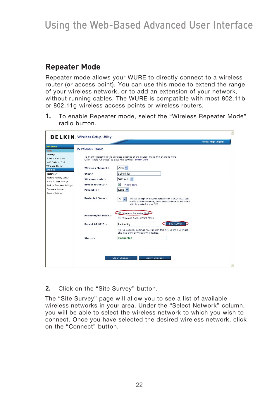 Using the web-based advanced user interface, Repeater mode | Belkin Range Extender/ Access Point User Manual | Page 25 / 57