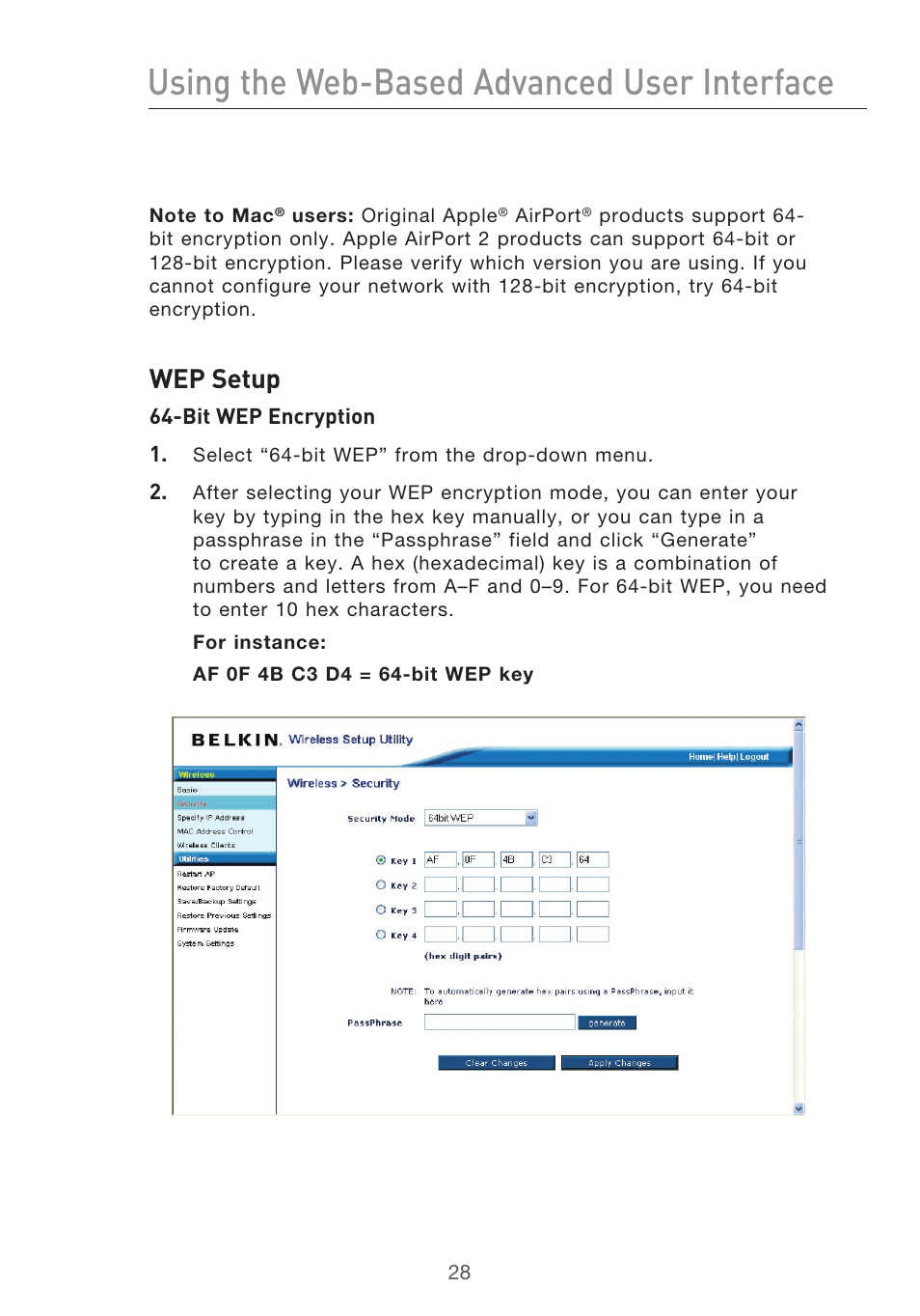 Using the web-based advanced user interface, Wep setup | Belkin Range Extender/ Access Point User Manual | Page 31 / 57