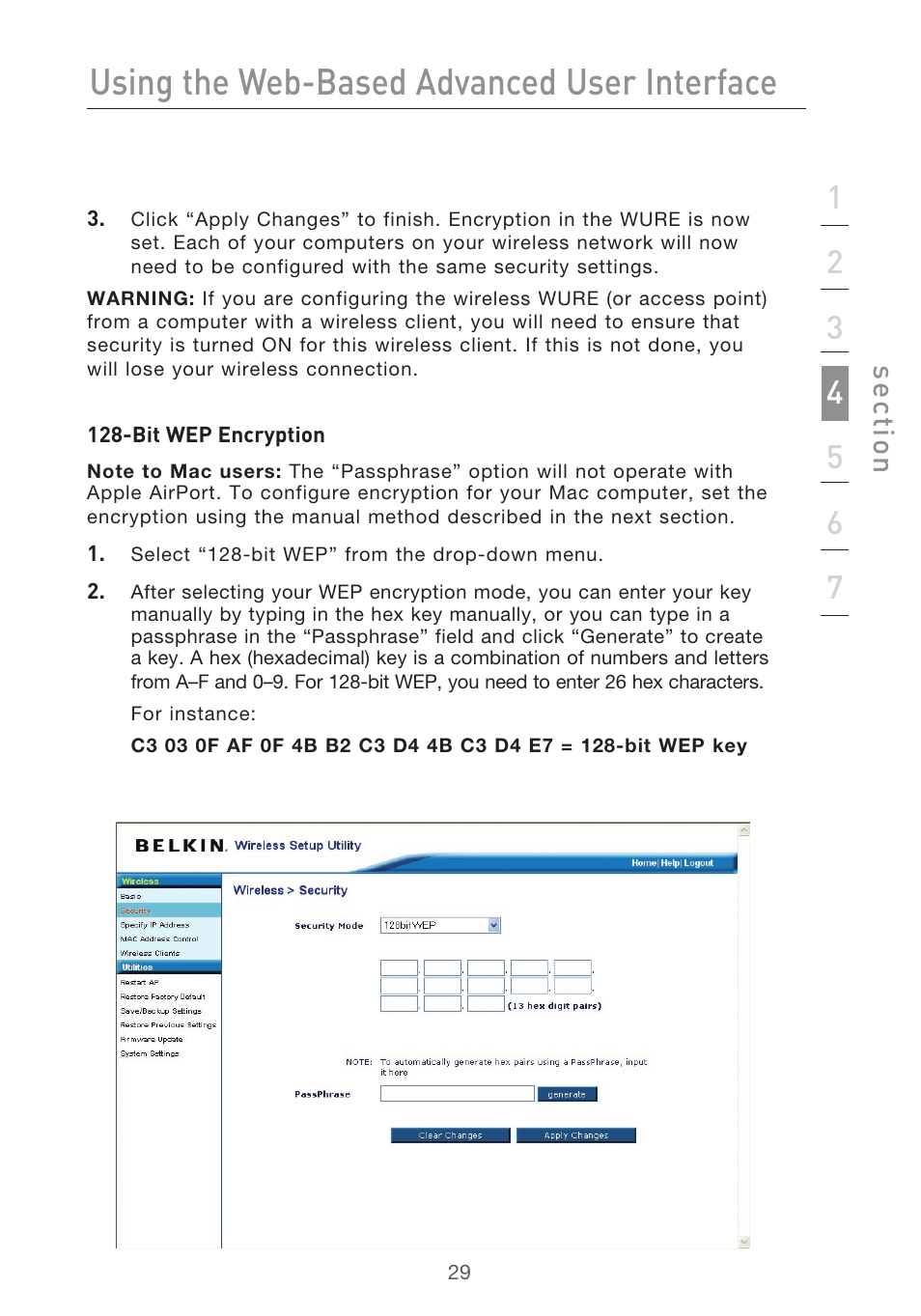 Using the web-based advanced user interface, Se ct io n | Belkin Range Extender/ Access Point User Manual | Page 32 / 57