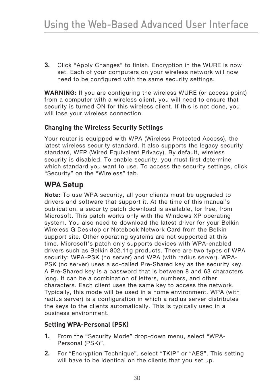 Using the web-based advanced user interface, Wpa setup | Belkin Range Extender/ Access Point User Manual | Page 33 / 57