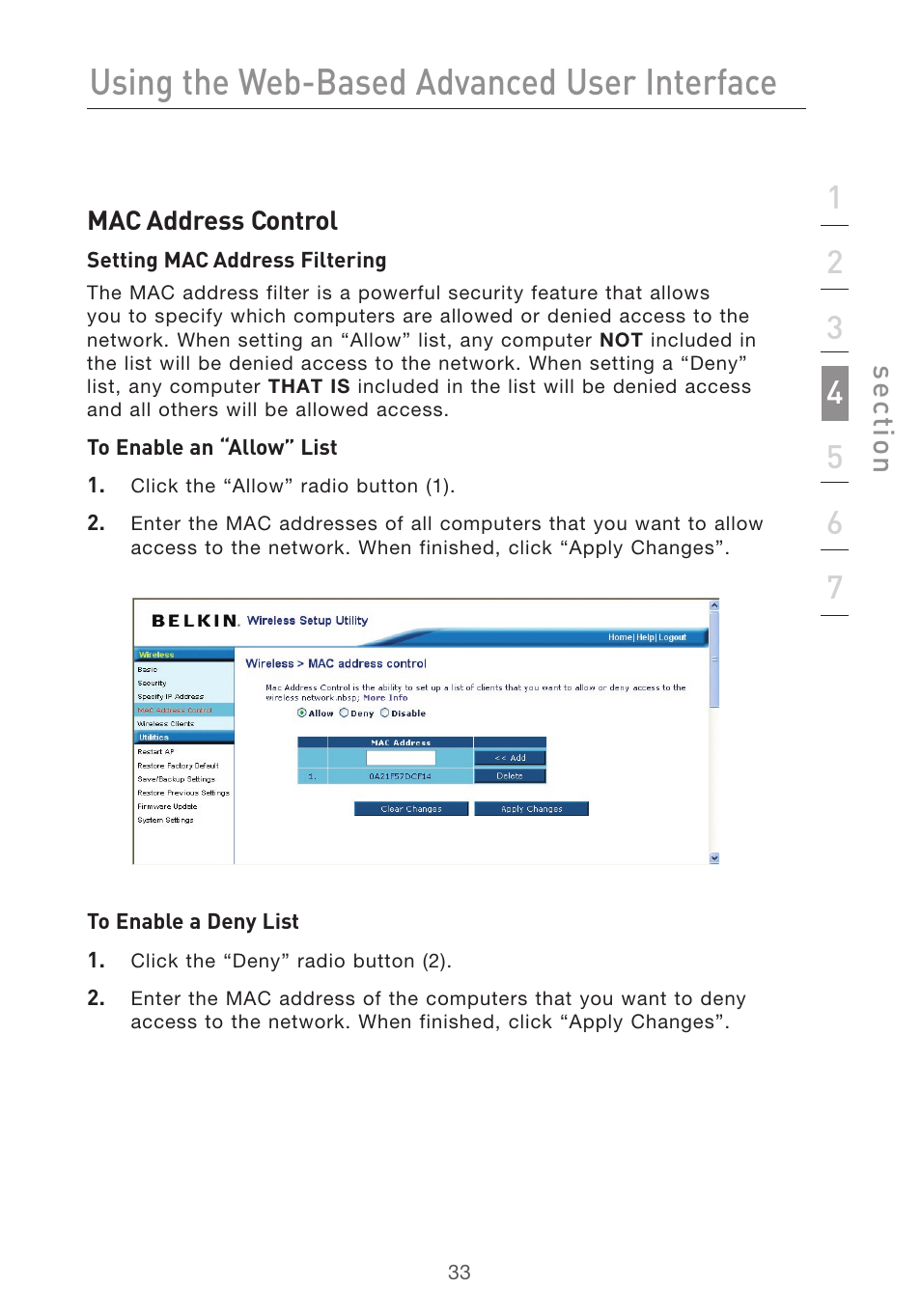 Using the web-based advanced user interface, Se ct io n | Belkin Range Extender/ Access Point User Manual | Page 36 / 57