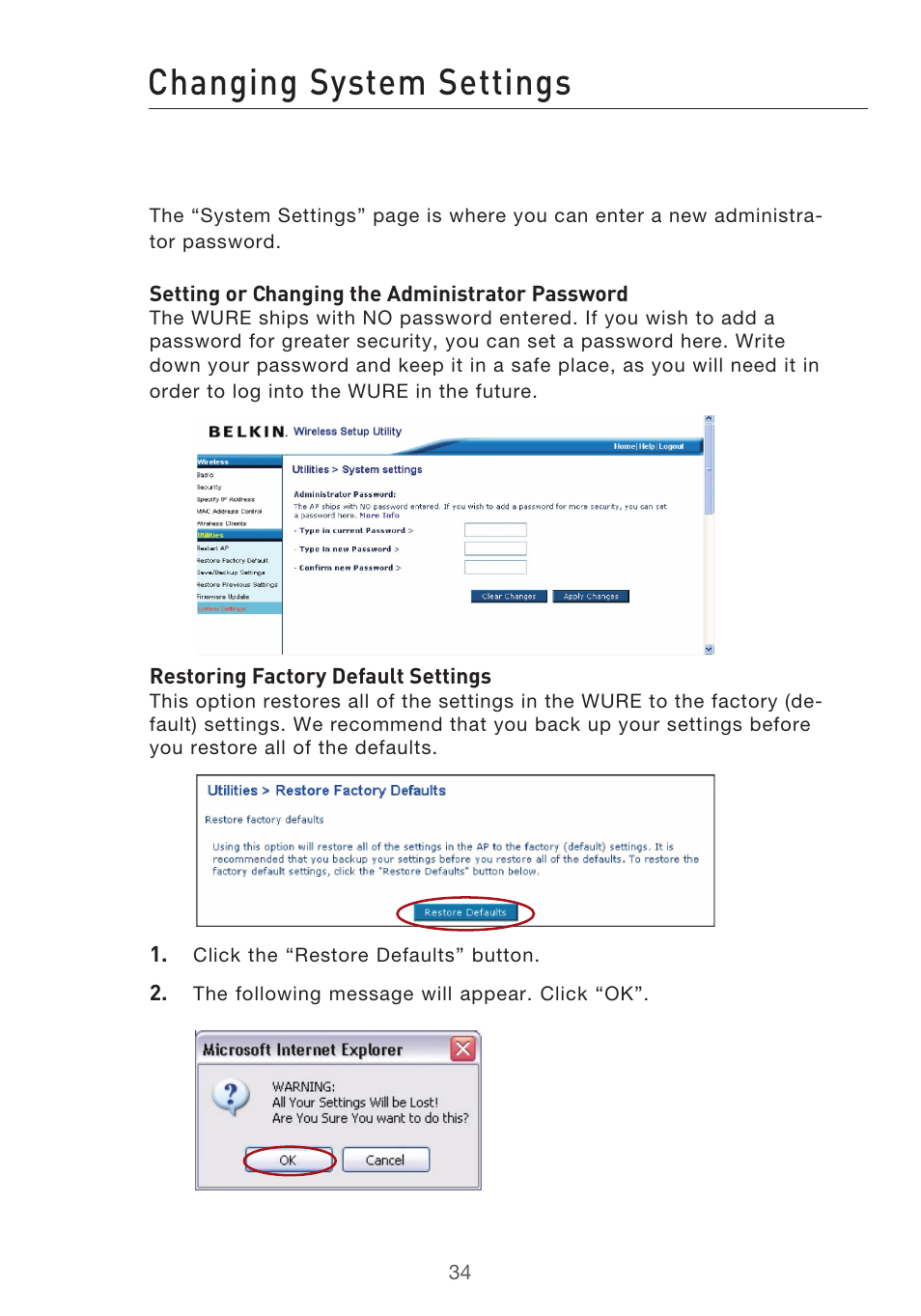 Changing system settings | Belkin Range Extender/ Access Point User Manual | Page 37 / 57