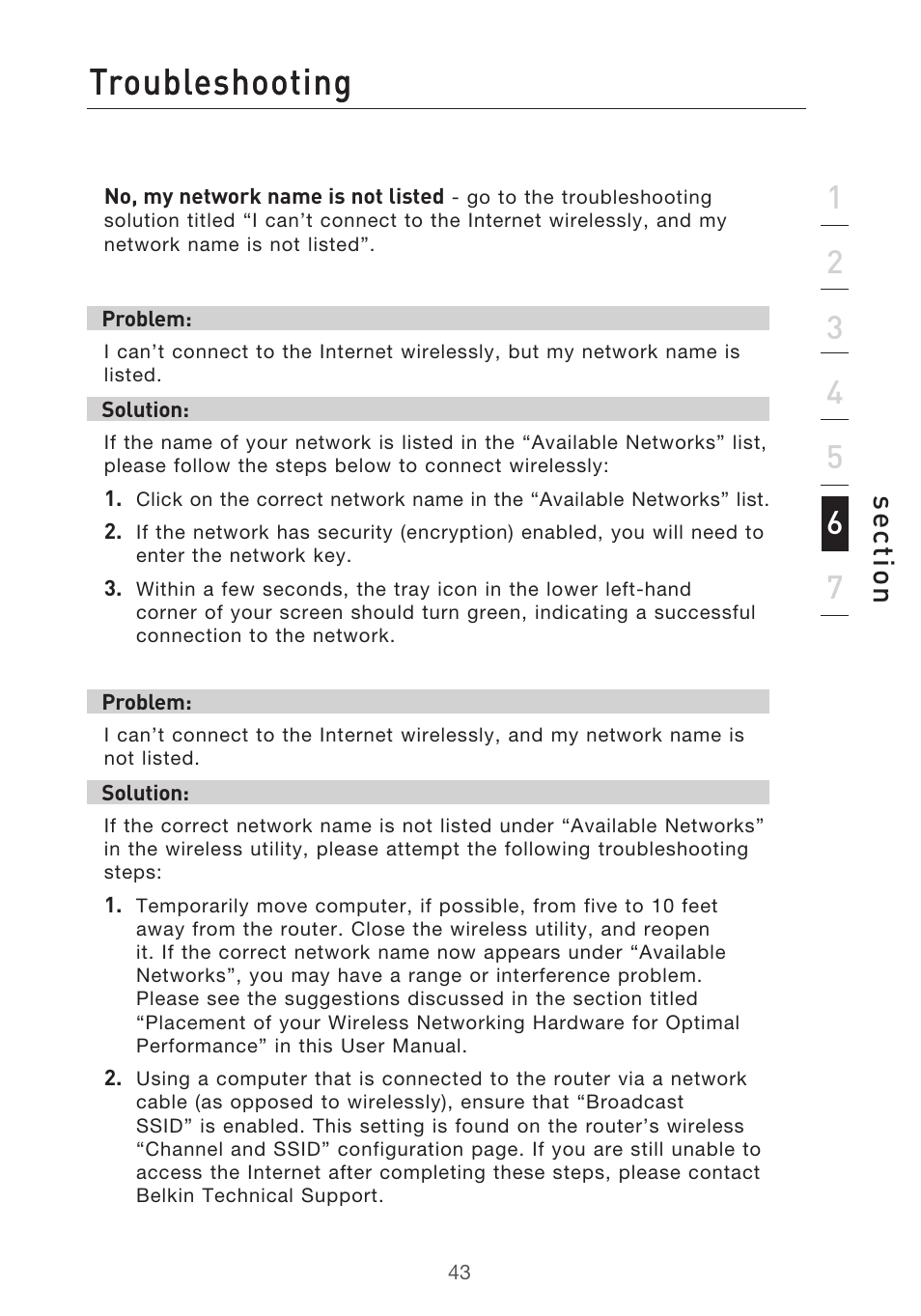 Troubleshooting, Se ct io n | Belkin Range Extender/ Access Point User Manual | Page 46 / 57