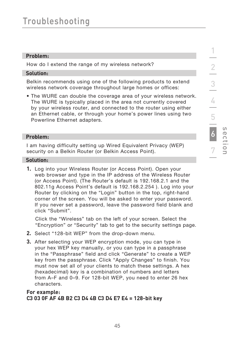 Troubleshooting, Se ct io n | Belkin Range Extender/ Access Point User Manual | Page 48 / 57