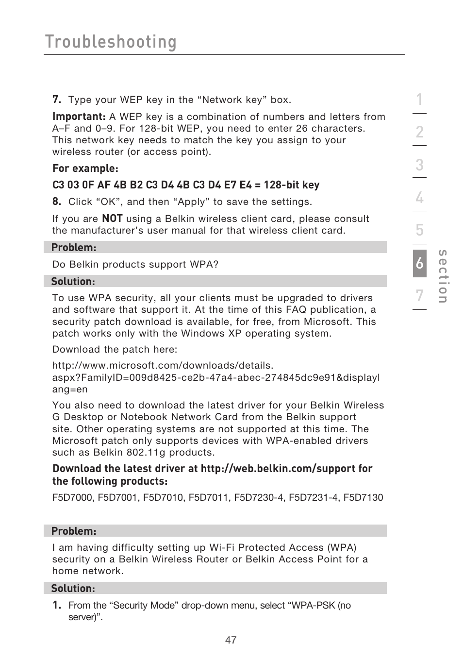 Troubleshooting, Se ct io n | Belkin Range Extender/ Access Point User Manual | Page 50 / 57