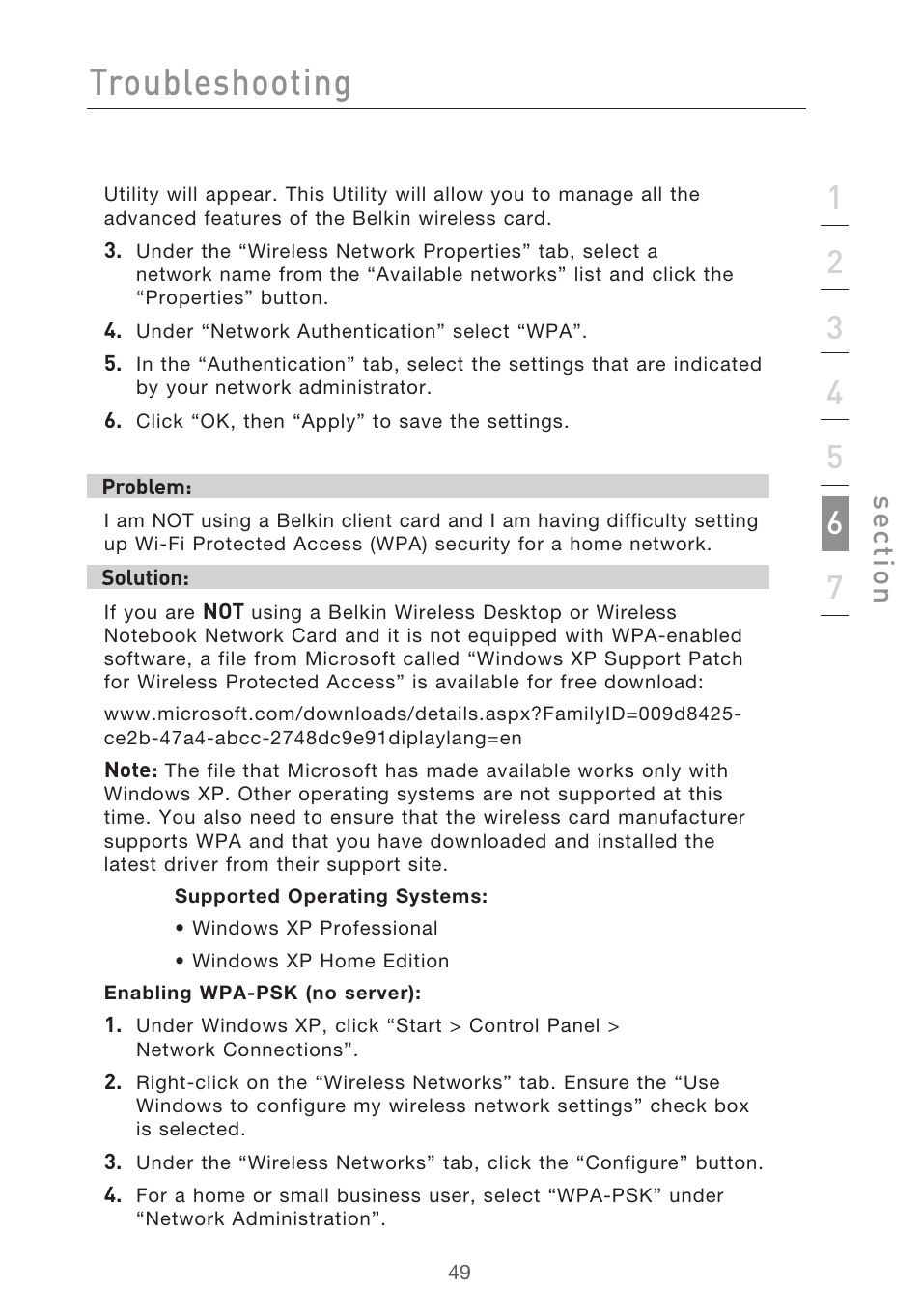 Troubleshooting, Se ct io n | Belkin Range Extender/ Access Point User Manual | Page 52 / 57