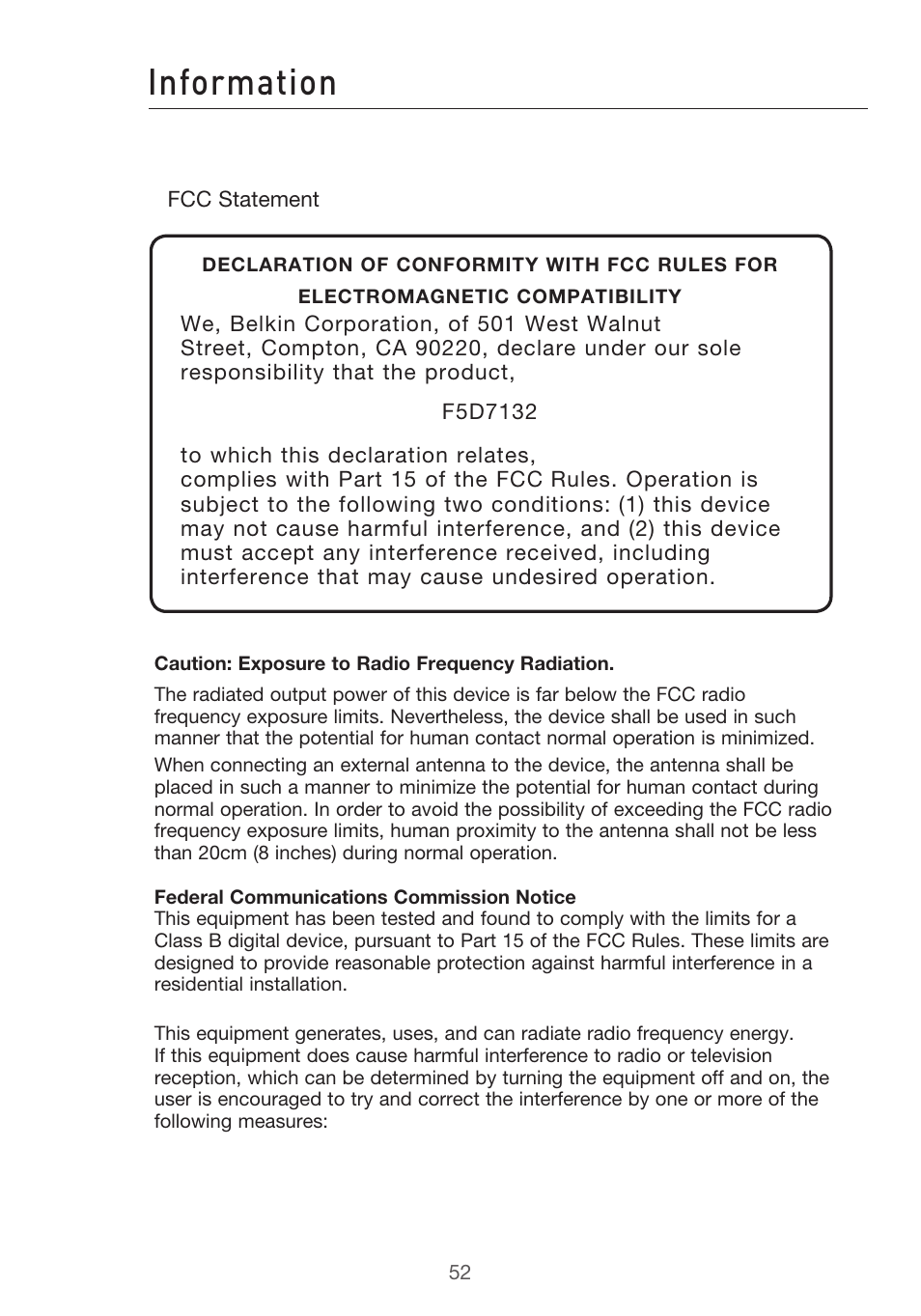 Information | Belkin Range Extender/ Access Point User Manual | Page 55 / 57