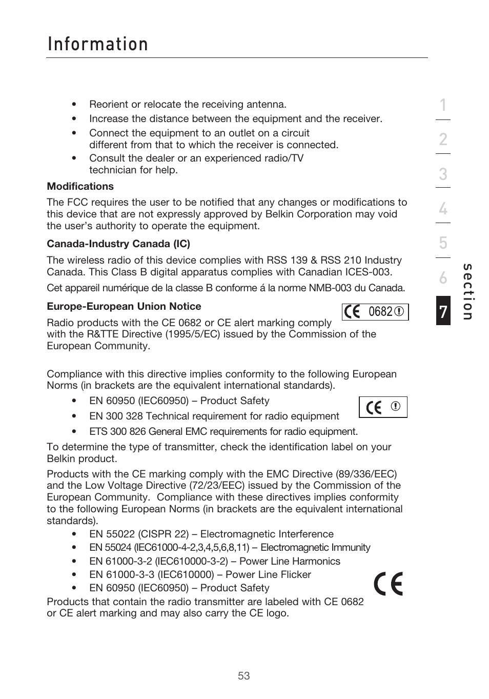 Information, Se ct io n | Belkin Range Extender/ Access Point User Manual | Page 56 / 57