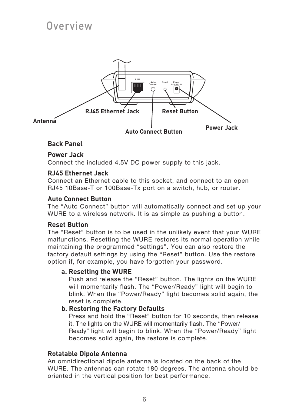 Overview, Back panel power jack, Rj45 ethernet jack | Auto connect button, Reset button, A. resetting the wure, B. restoring the factory defaults, Rotatable dipole antenna | Belkin Range Extender/ Access Point User Manual | Page 9 / 57