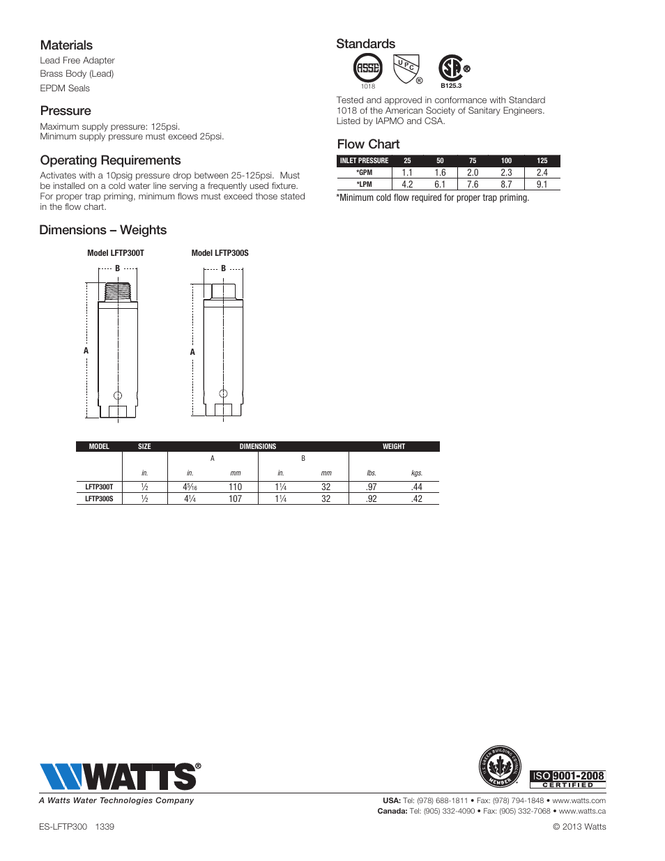 Standards materials, Pressure, Operating requirements | Dimensions – weights, Flow chart | Watts LFTP300 User Manual | Page 2 / 2