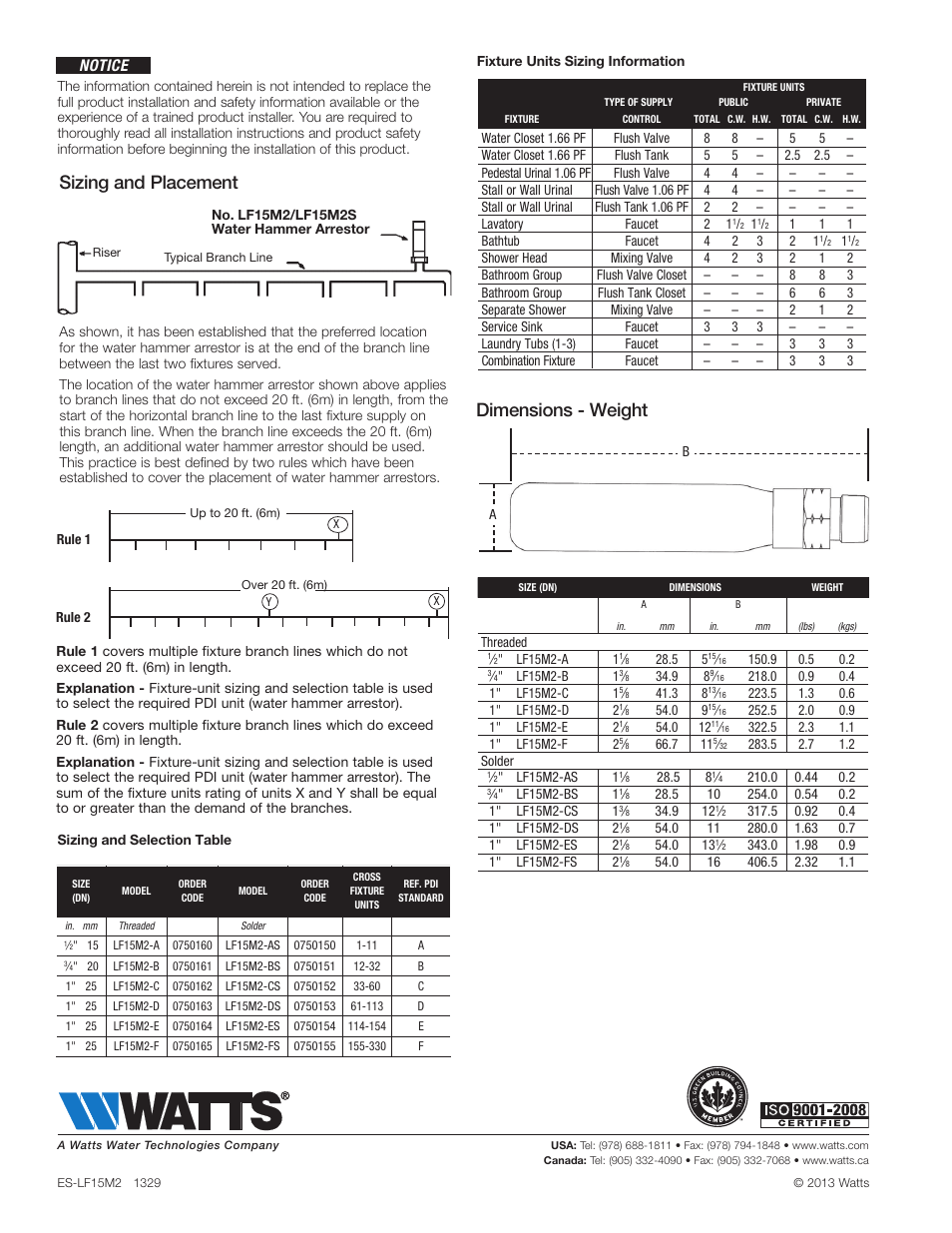 Sizing and placement, Dimensions - weight, Notice | Watts LF15M2 User Manual | Page 2 / 2
