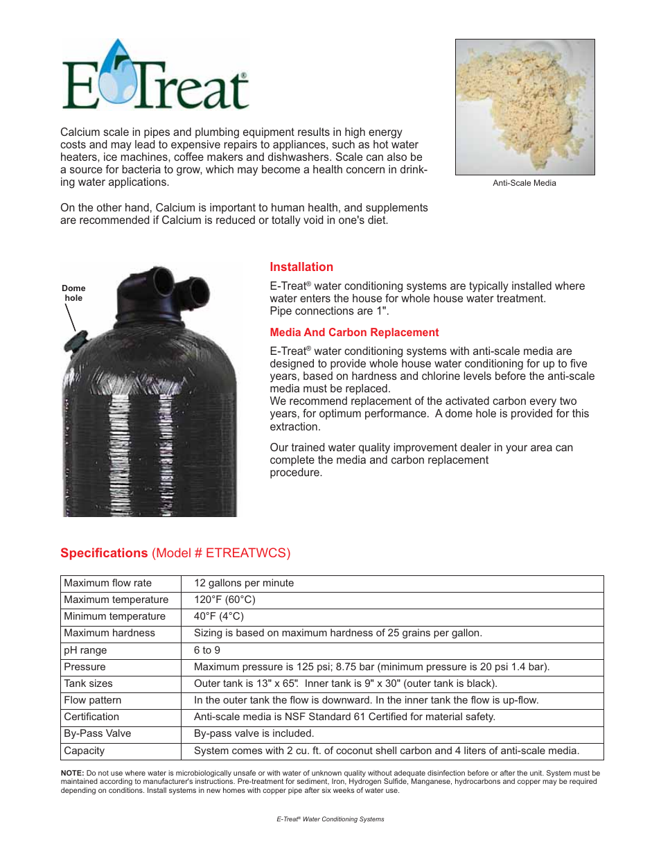 Installation, Specifications (model # etreatwcs) | Watts ETREATWCS User Manual | Page 2 / 2