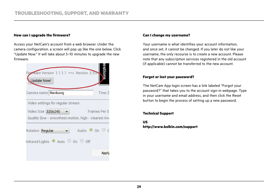 Troubleshooting, support, and warranty | Belkin NetCam Wi-Fi Camera with NIght Vision F7D7601v1 User Manual | Page 31 / 36