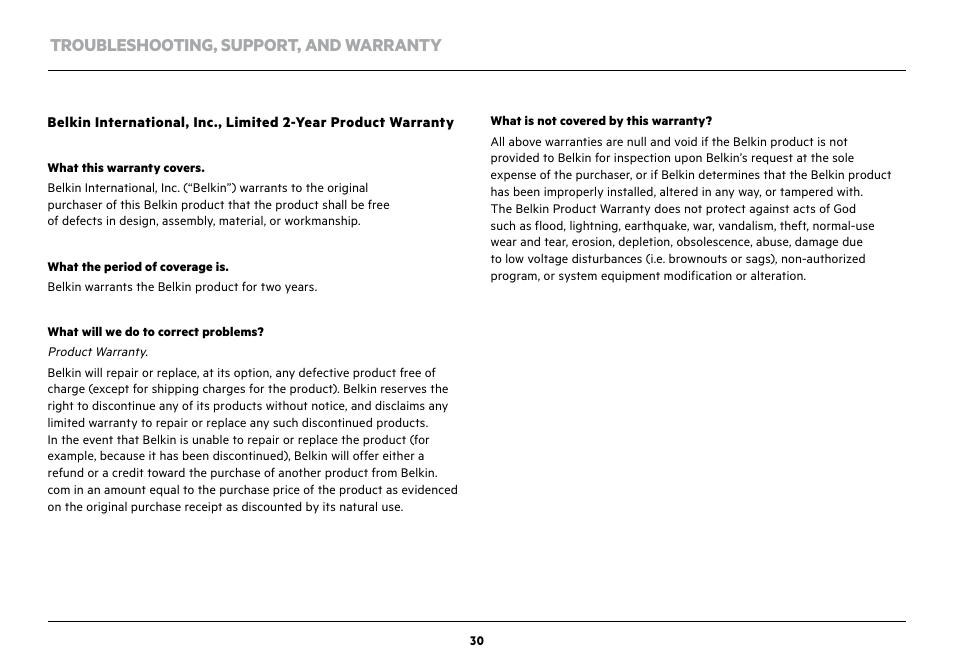 Troubleshooting, support, and warranty | Belkin NetCam Wi-Fi Camera with NIght Vision F7D7601v1 User Manual | Page 32 / 36