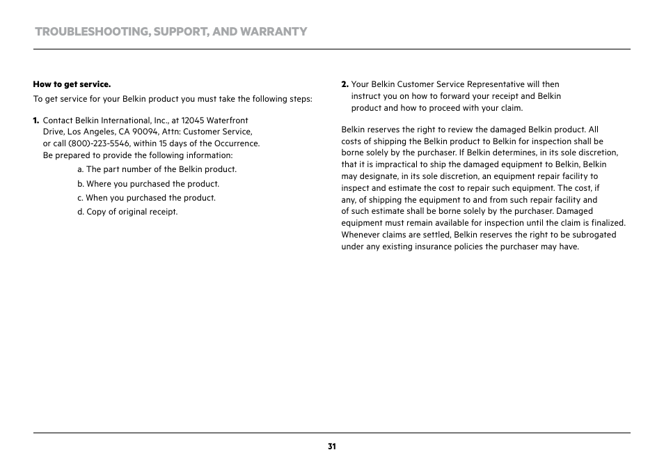 Troubleshooting, support, and warranty | Belkin NetCam Wi-Fi Camera with NIght Vision F7D7601v1 User Manual | Page 33 / 36