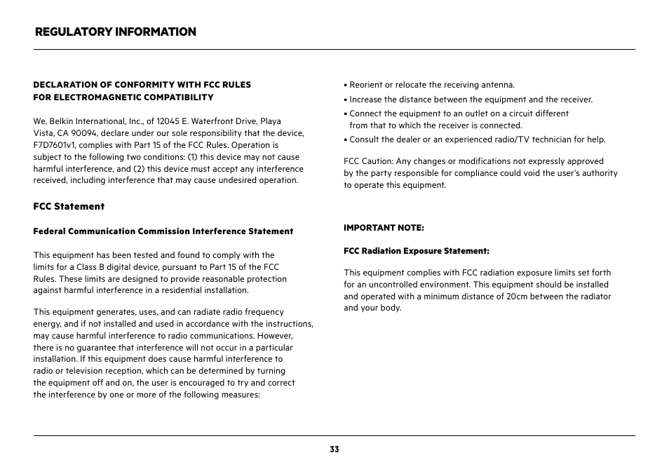 Regulatory information | Belkin NetCam Wi-Fi Camera with NIght Vision F7D7601v1 User Manual | Page 35 / 36