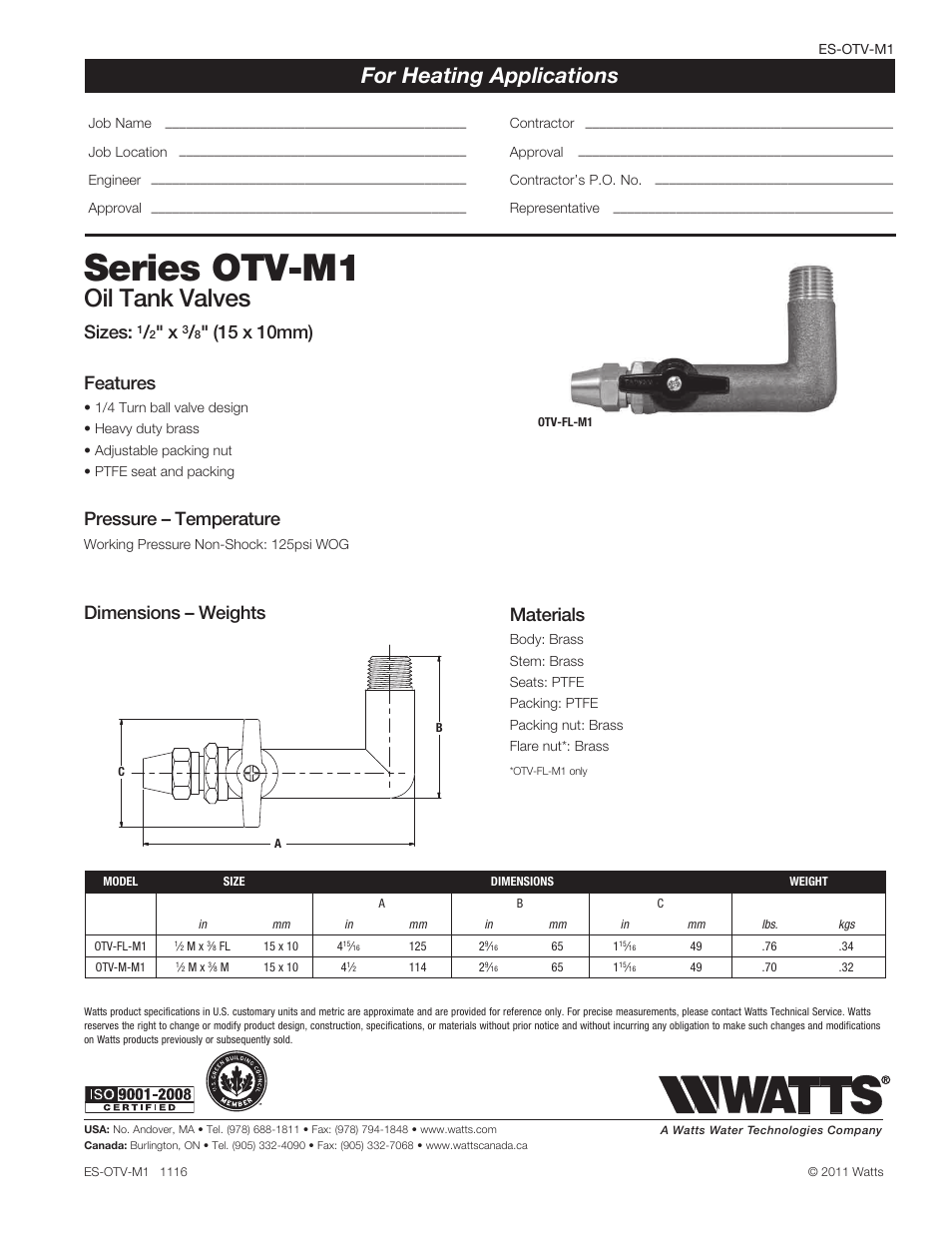 Watts OTV-M1 User Manual | 1 page