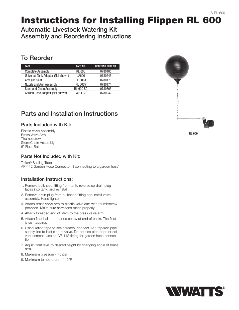 Watts RL600 User Manual | 2 pages