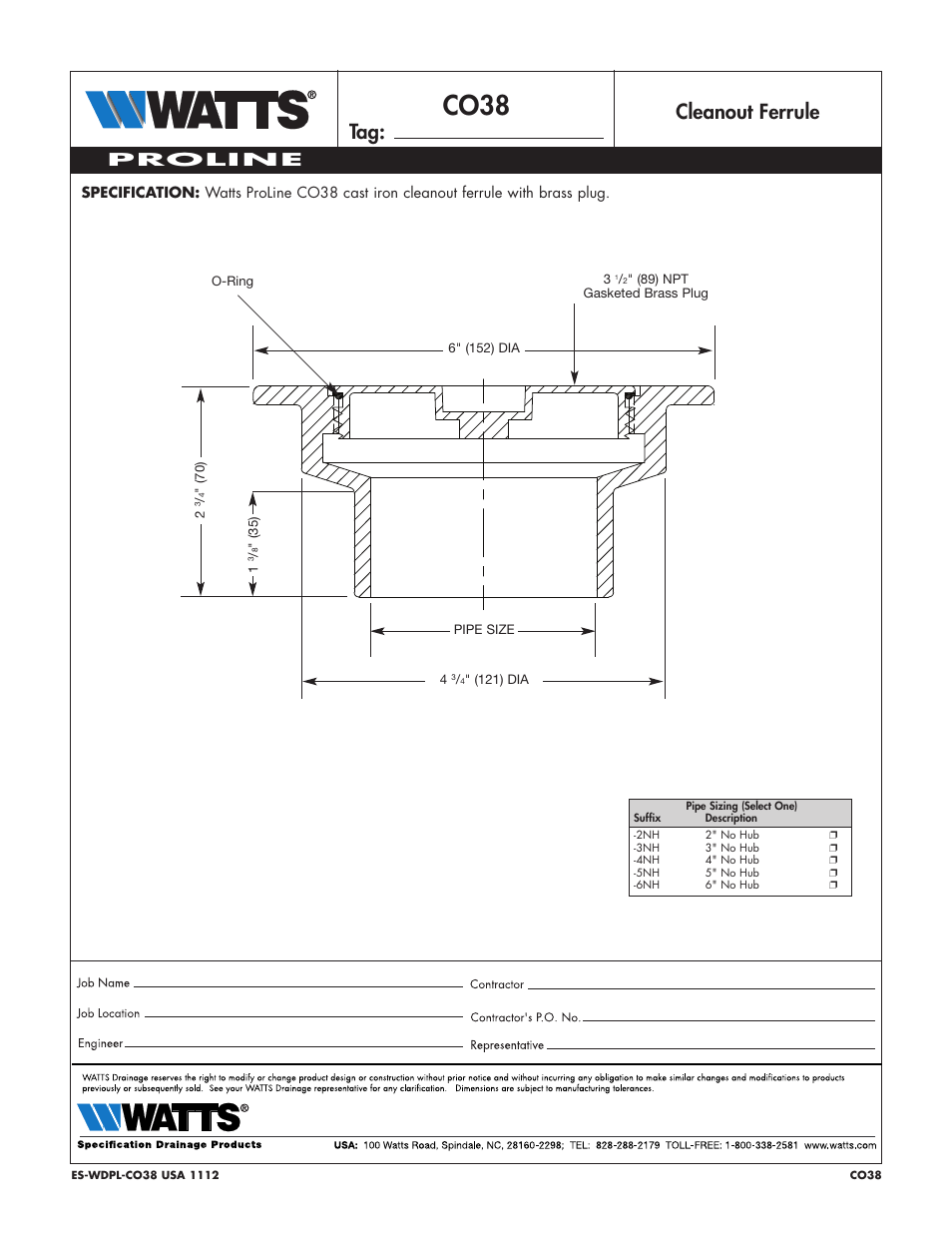 Watts CO38 User Manual | 1 page