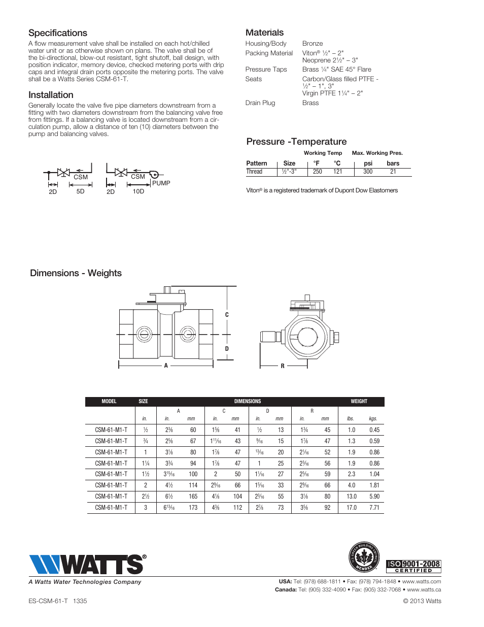 Dimensions - weights materials, Specifications, Installation | Pressure -temperature | Watts CSM-61-T User Manual | Page 2 / 2