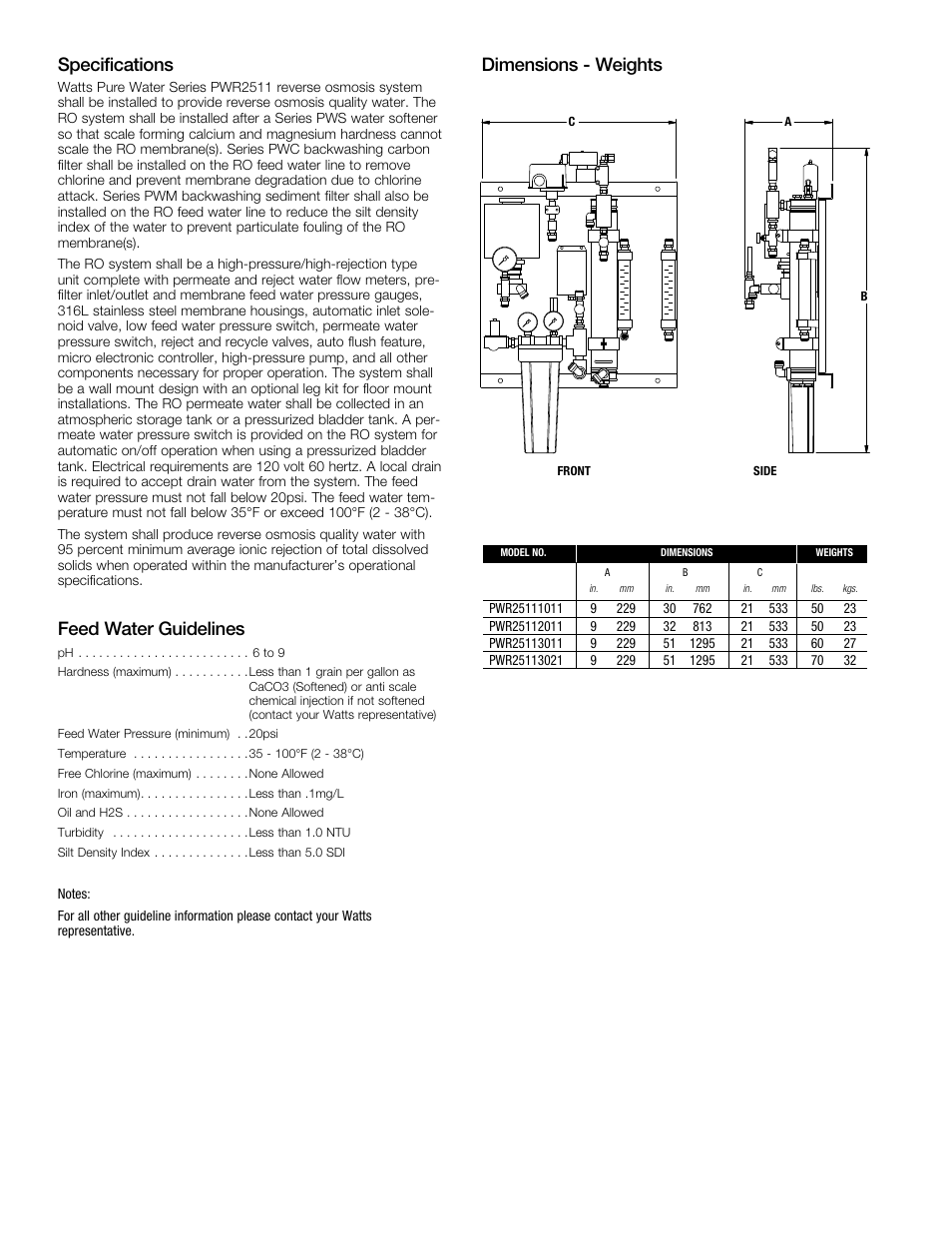 Specifications, Feed water guidelines, Dimensions - weights | Watts PWR2511 User Manual | Page 2 / 4