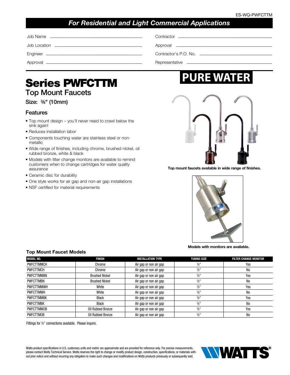 Watts PWFCTTM User Manual | 2 pages